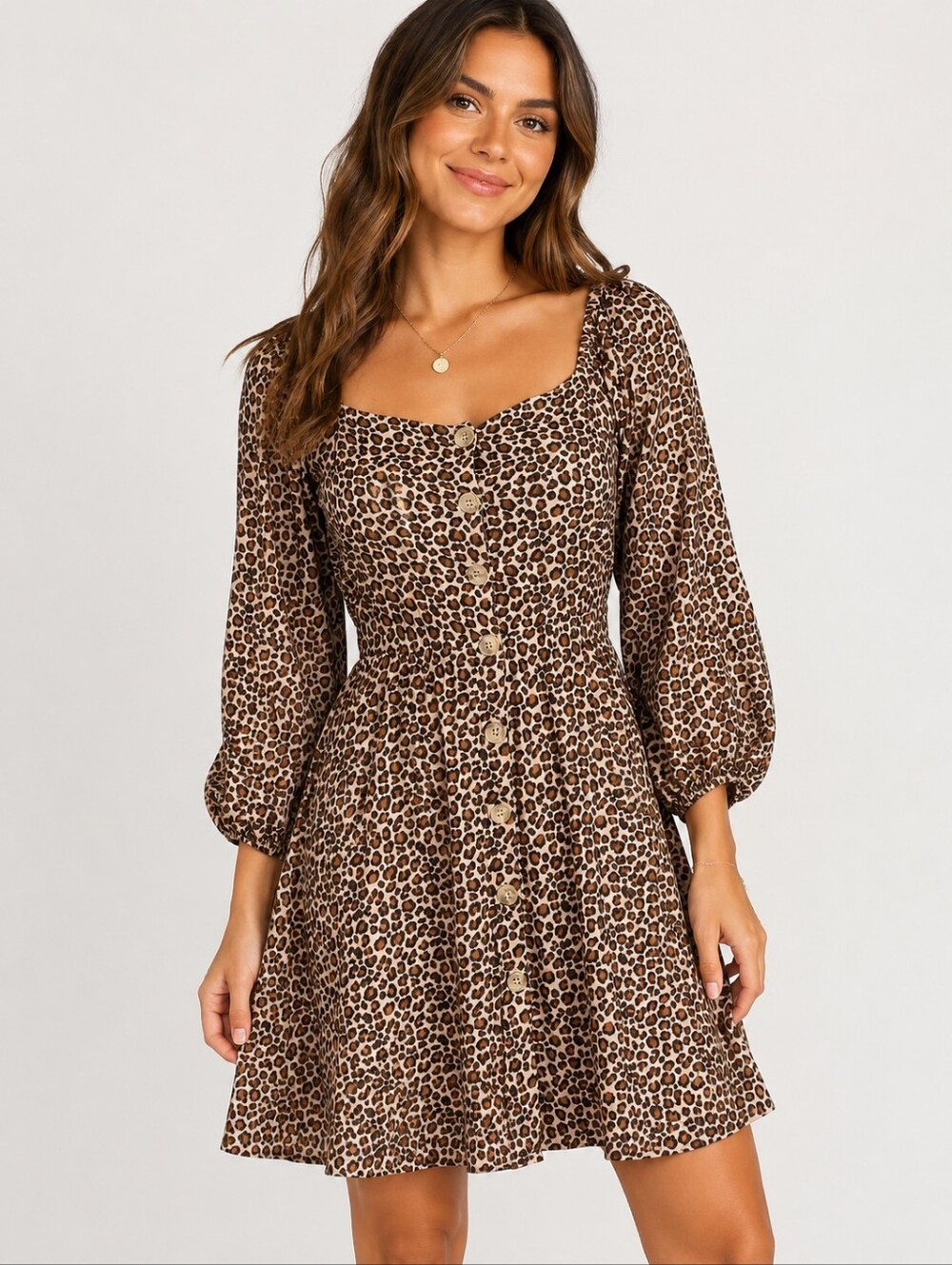 Angie Dress M Boho Flowy Rayon Hippy Festival Sundress Mini Cheetah Button Front